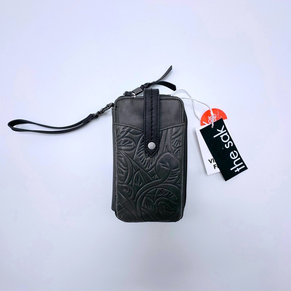 The Sak Iris Smartphone Crossbody Wallet Slate Leaf Embossed Leather NWT